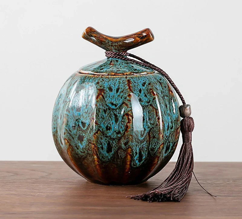 Pumpkin Style Tea Jar Ceramic Tea Barrel Yellow, Green, red Sealed Storage Pot .