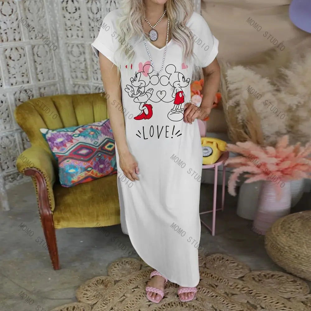 Leisure Sexy Dress Disney Casual Summer Women's Dresses V-Neck Long Minnie Mouse Maxi Cartoon 2022 Mickey Y2k Clothes Robe Woman