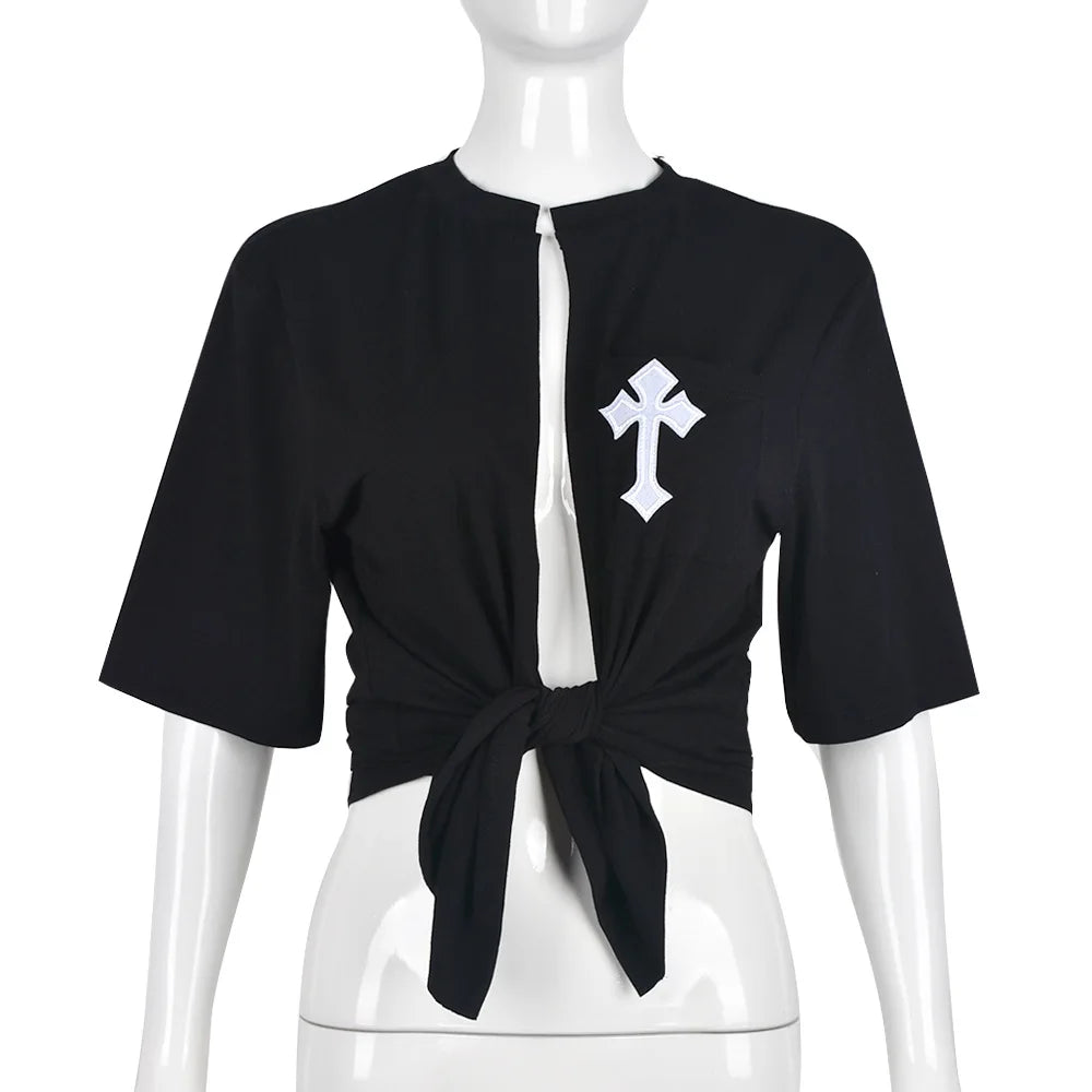 Perl White Cross Hollow Out Shirts for Women Summer Short Sleeve Female Clothes Fashion Christianity Pattern Crop Top Casual Tee