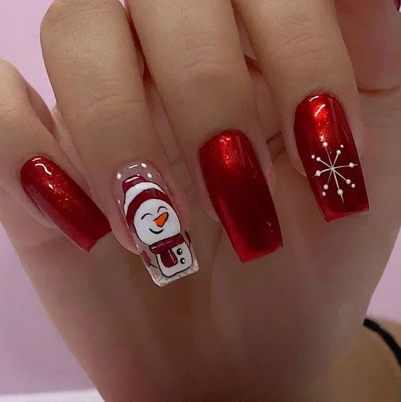 24Pcs Coffin Christmas Handmade Press on Nails Full Cover Snow Tree Design Santa Claus False Nails Wearable Manicure Nail Tips