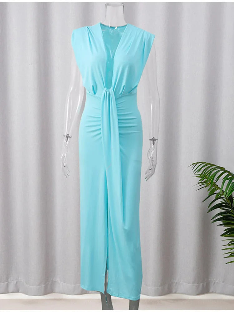 Elegant Solid Pleated Slim Sleeveless Midi Dress Women Sexy Deep V Neck High Slit Robe 2024 Summer Chic Lady Party Street Wear