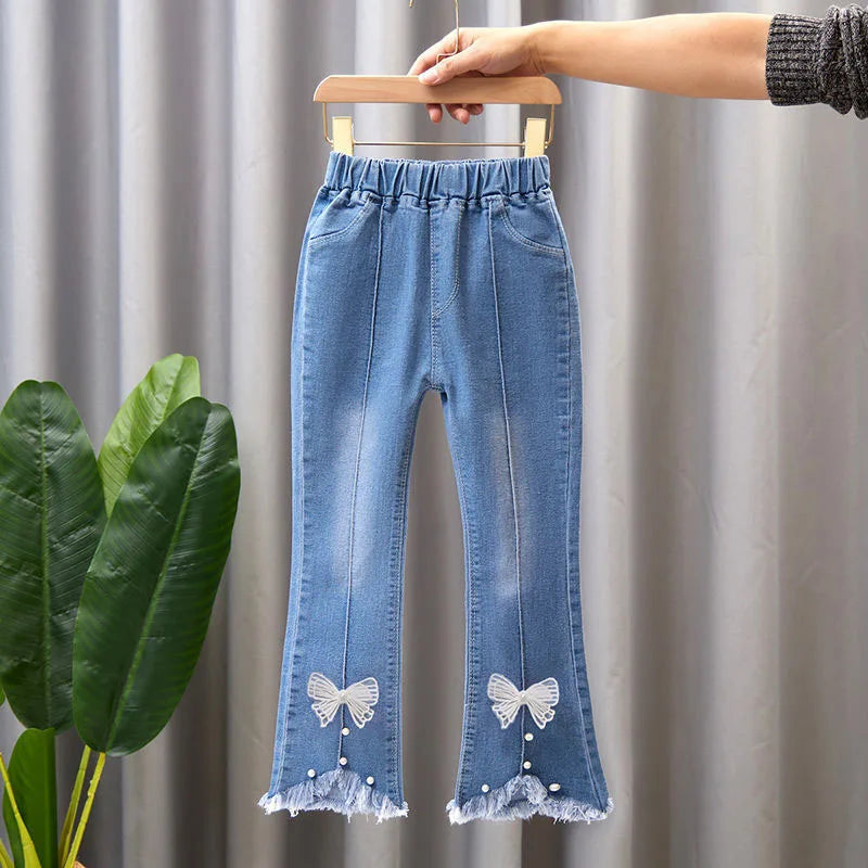 2024 New Autumn Elastic Kids Jeans, Girls Cute Leisure Bow Denim Children Flared Pants.