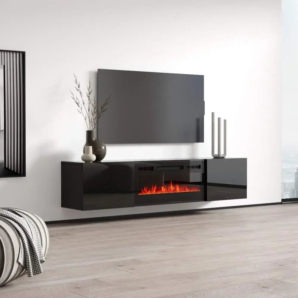 Cali BL-EF Floating Fireplace TV Stand for TVs up to 80" Modern High Gloss 72" Entertainment Center Wall Mounted Electric