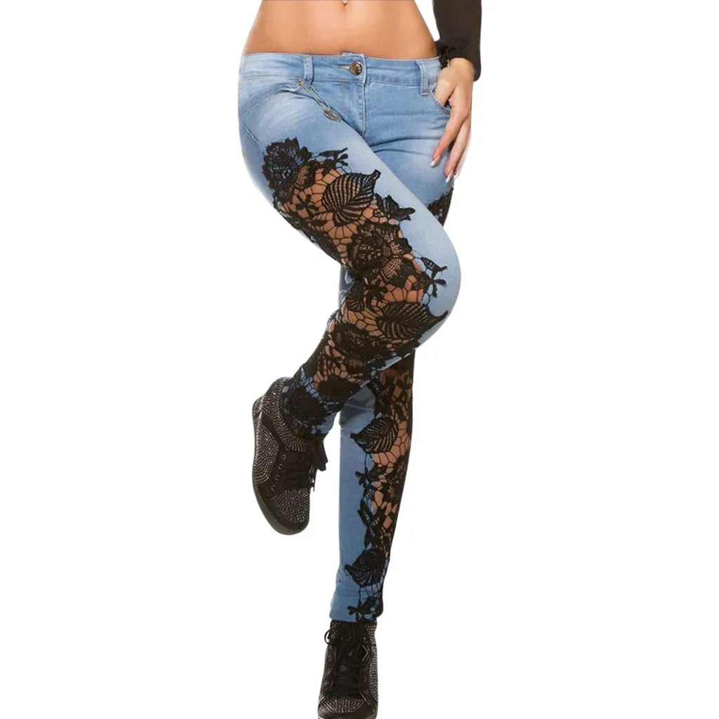 Hollow Out Floral Lace Pants Women Loose Applique Fashion Pencil Denim Jeans Women's Lifts Buttock Jeans Ladies Large Size Pants