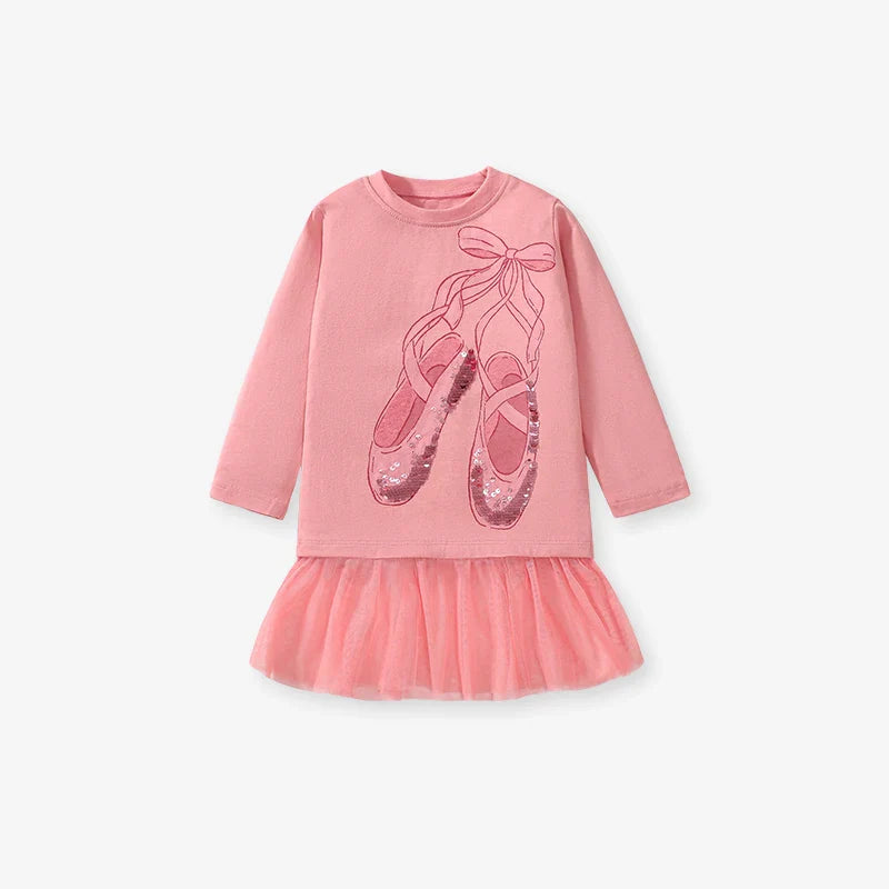 Little Maven Children's Clothing 2024 Autumn Spring Tops Kids Clothes Baby Girls Cartoon Sequin Ballet Shoes T-shirts Cotton