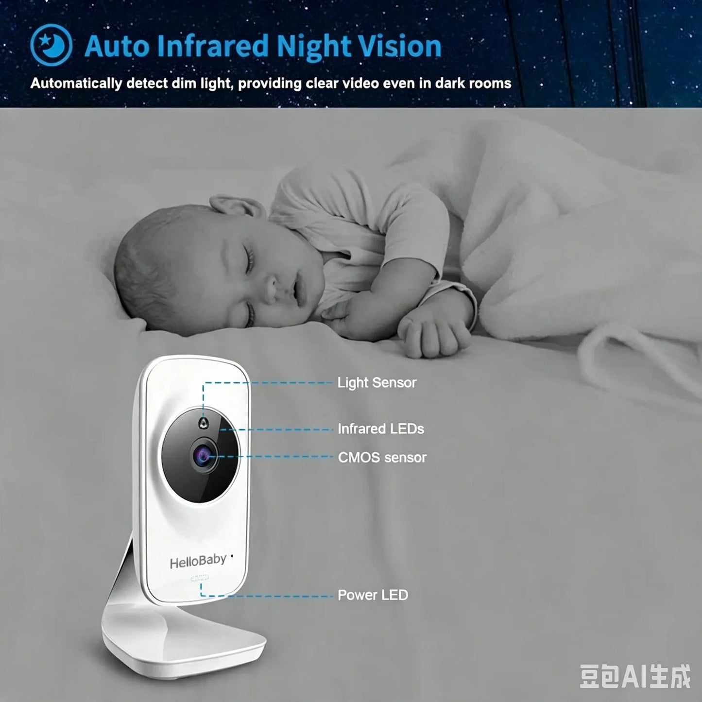 HelloBaby HB050 Baby Monitor, 5.0'' Diagonal Color Screen, Two-way Talk, Crying Detection, Infrared Night Vision, Temperature Detection, 2x Digital Zoom, Lullaby Playing