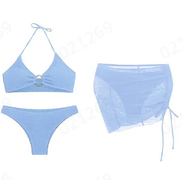 Female Bathing Suit Women'S 3 Piece Ink Wash Tie Dye Bikini Set With Sheer Sunscreen Poncho Swimsuit 2024 Summer Beach Wear