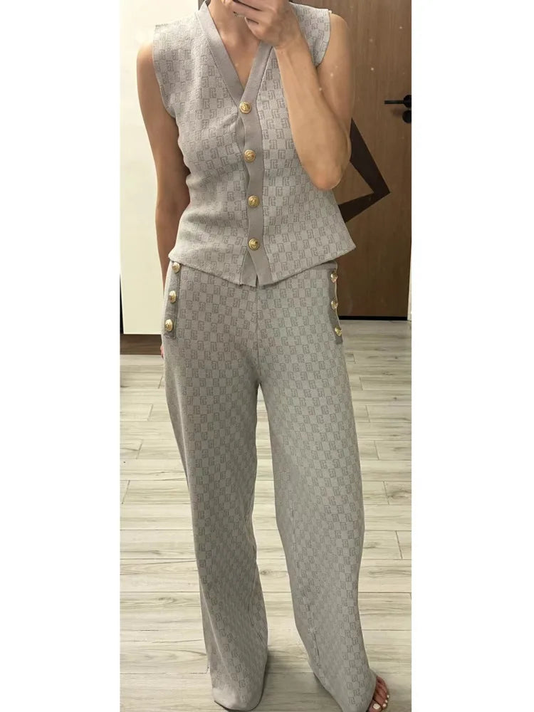 New French Style Women Pant Suit Jacquard Knit Top + Vest + Long Pant Three Piece High Quality Elegant Casual Chic Sweater Sets