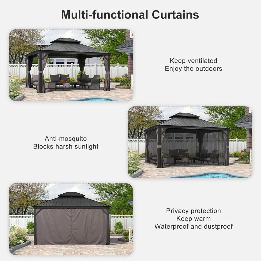 12' X 14' Hardtop Gazebo Aluminum Permanent Outdoor Gazebos with Galvanized Steel Double Roof for Patio Backyard Curtain, Gazebo