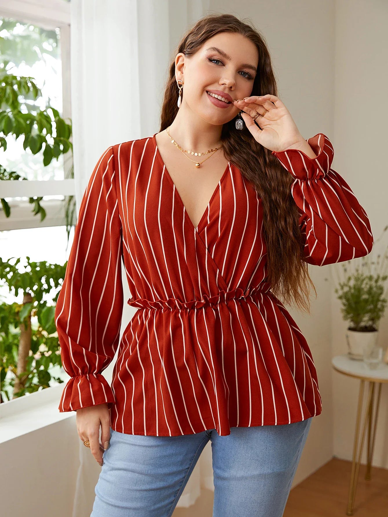 Della Mel Women Plus Size Vintage Long Sleeve Tops Striped Print Wrap V-Neck Loose Ruffles Elastic Waist Peplum Blouses 3XL 4XL