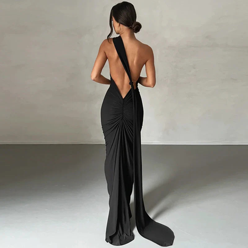 Hugcitar One Shoulder Backless Adjustable Scarf Loop Ruched Sexy Maxi Dress 2025 Women Elegant Y2K Streetwear Festival Outfit
