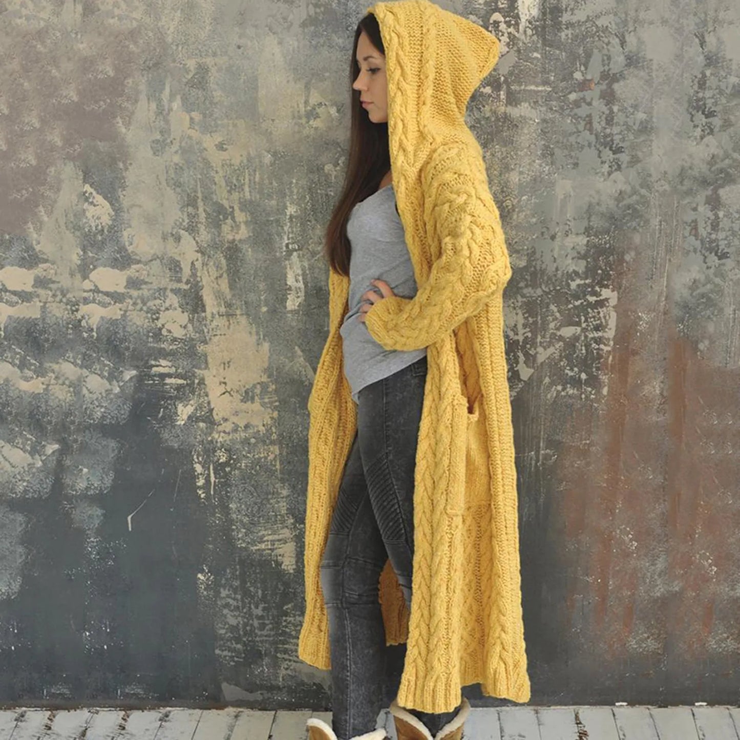 Long Sleeve Loose Cardigan Coat Solid Solid Sweater Winter Long Knitted Pocket Loose Women Cardigan Hooded Limited Sweater Women