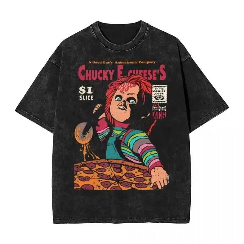 Horror Chucky and Tiffany Washed T Shirt Women  We're Goin Killing Halloween Casual T Shirts Beach Tee Shirt Oversized Tops Men