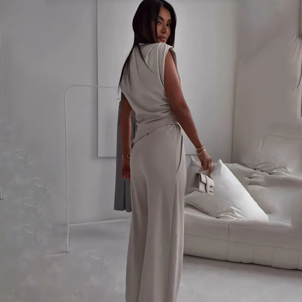 Casual Solid Color Two Piece Set Woman Outfit 2025 Summer Fashion Slim High Waist Tops And Trousers Pant Sets Suit