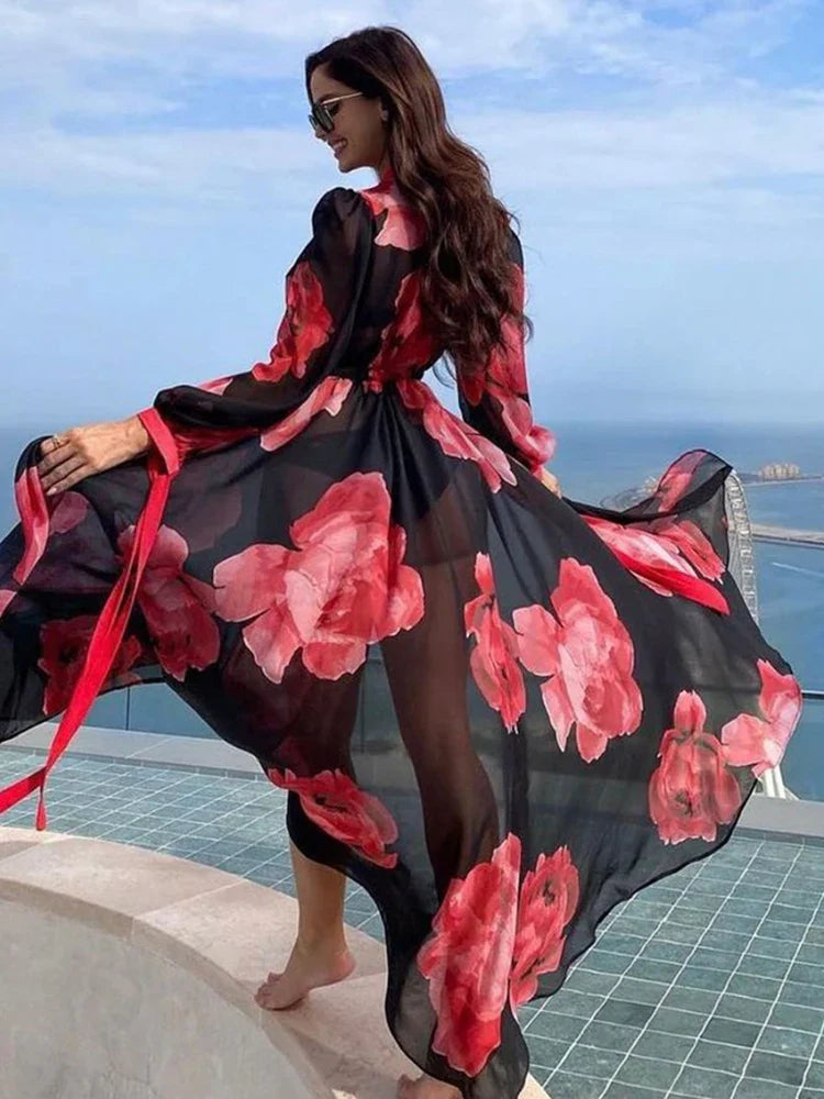 2024 Women Swimsuit Cover Up Sleeve Kaftan Beach Tunic Dress Robe De Plage Solid White Cotton Pareo  High Collar Beachwear