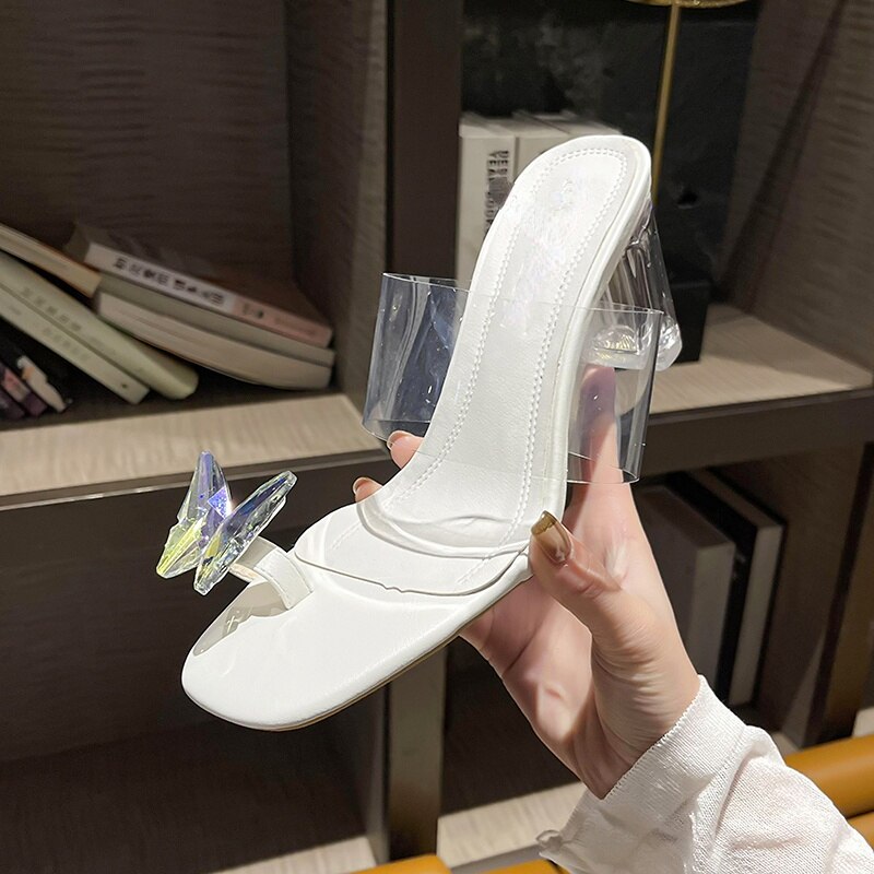 Women's Sexy Heels 2022 Summer New Transparent Butterfly Decorative PVC Crystal Slippers Fashion Open Toe Round Toe Women Pumps
