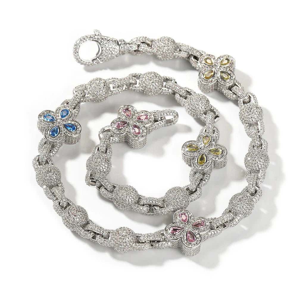 Colorful Four Leaves Baguettes Chain Necklaces Iced Out Fashion Jewelry