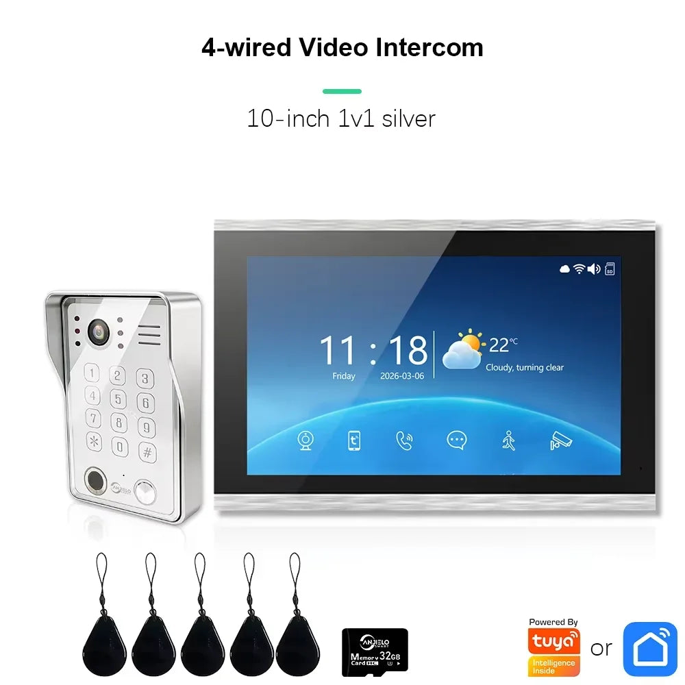 ANJIELO Tuya Smart Fingerprint 5-in-1 Unlocking Home Video Doorbell Video Intercom System 1080P Touch Monitor Security Protectio