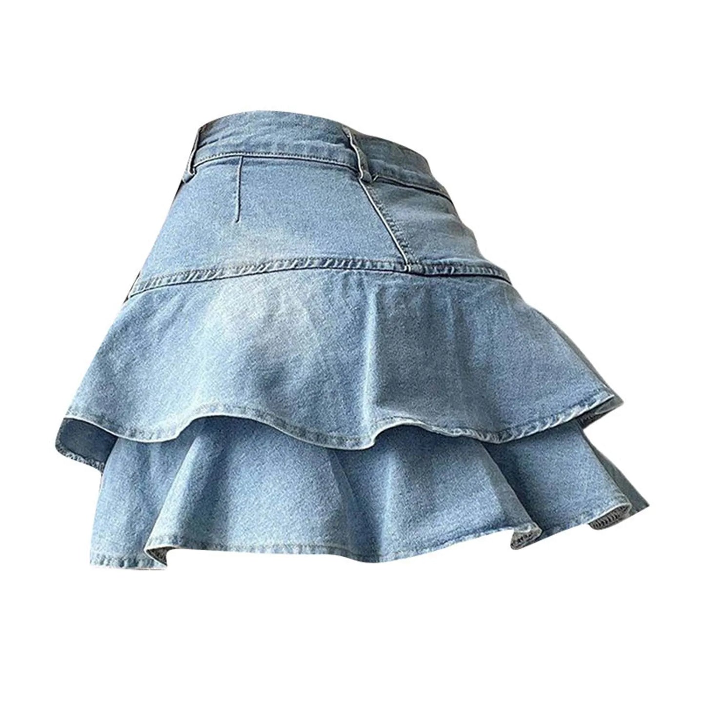 Y2k Skirt Women Ruffles Double Layer High Waisted Light Blue Denim Skirt JK Uniforms Irregular Curved Streetwear Korean Skirt