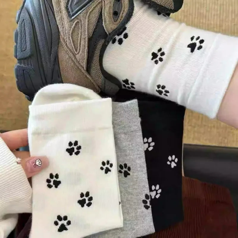 3pairs Cute Dog Claw Printed Women's Cartoon Dog Paw Sock Animal Pattern Soft Sweat Absorbing Breathable Casual Socks for Girls