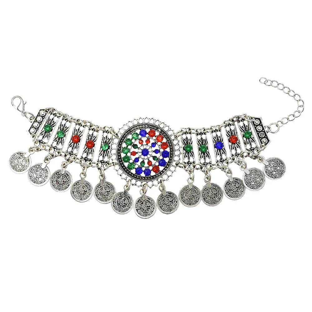 Gypsy Bohemian Coin Bracelets for Women Metal Vintage Flower Statement Bracelets Festival Turkish Beach Jewelry Tribal Ethnic