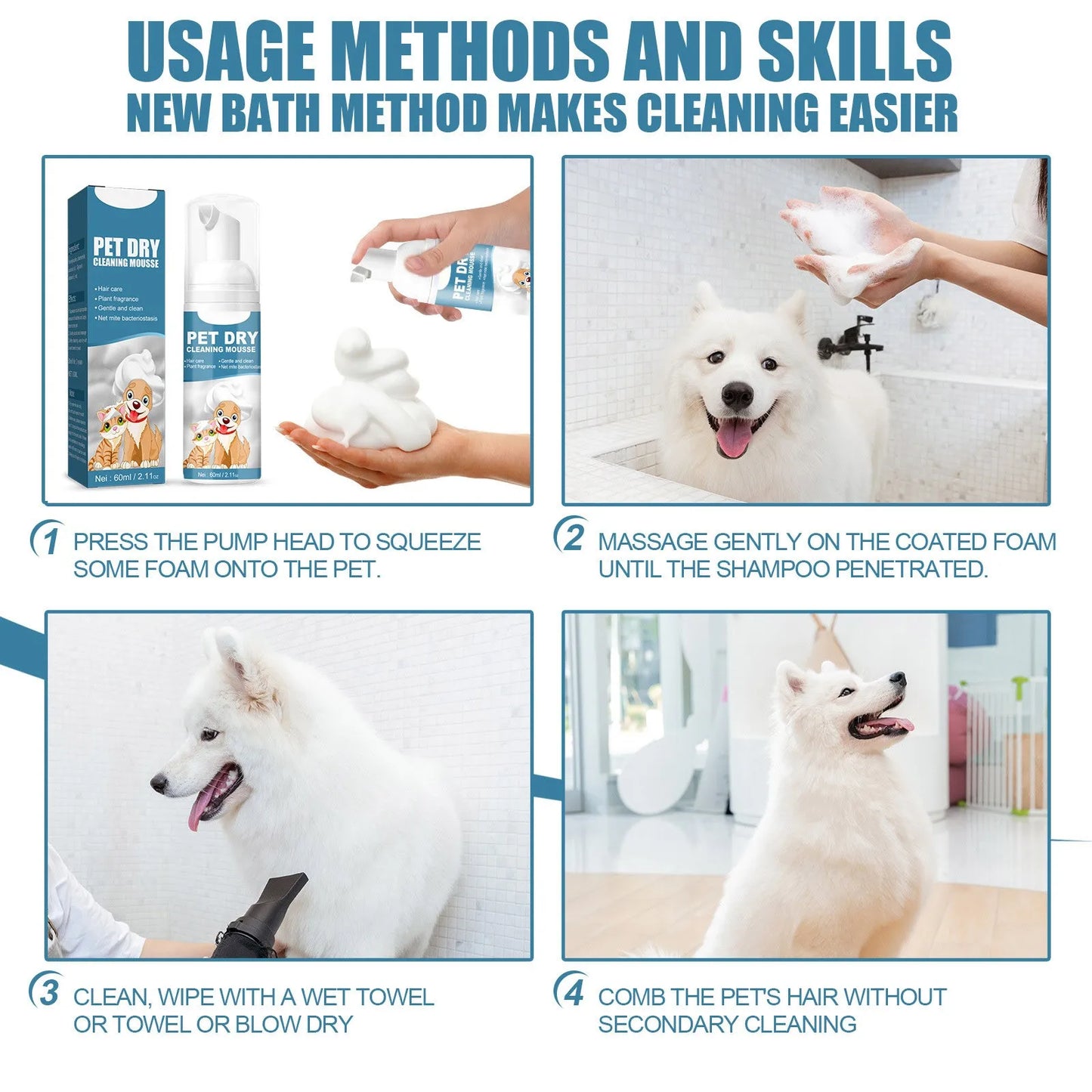 Pet Dry Shampoo Foam Waterless Cleansing For Puppies Odor Eliminator 60ml Dog Show Accessories High Quality Fast Shipping