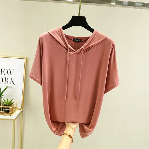 Thin T-shirts Women Hooded Fashion Loose Casual All-match Korean Style Solid Simple Y2k Aesthetic Футболка Женский Cozy Chic New