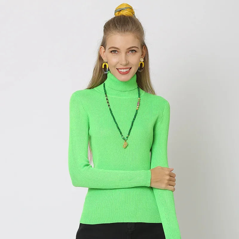 Women Turtleneck Sweaters Solid Color Autumn Winter Warm Knitted Pullovers Soft Tops Female Slim Fit Knitwear Lady Basic Jumpers