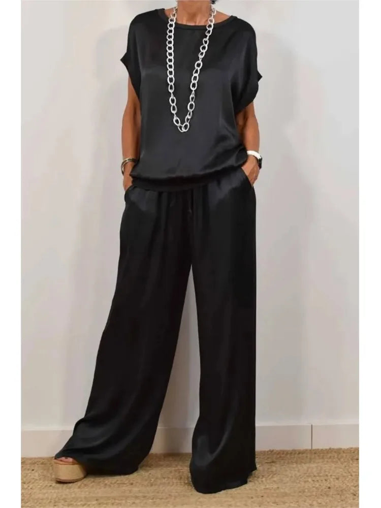 2-piece Set Fashion Satin O Neck T-shirt Top Trousers Summer Retro Elegant Casual Loose Wide-leg Pants Female Home Clothing Suit