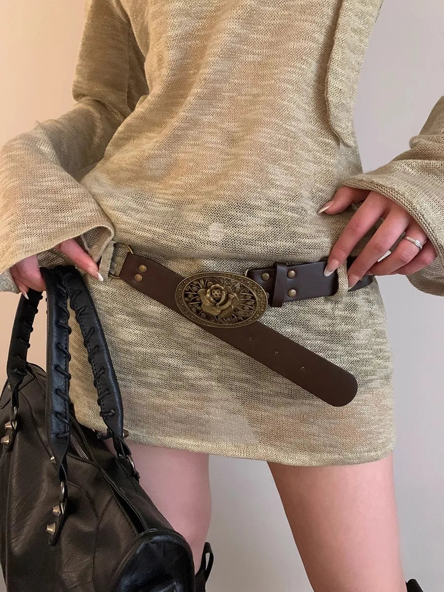 N Retro Ethnic Belt Y2K Bohemian Dress With a Wide Brown Belt