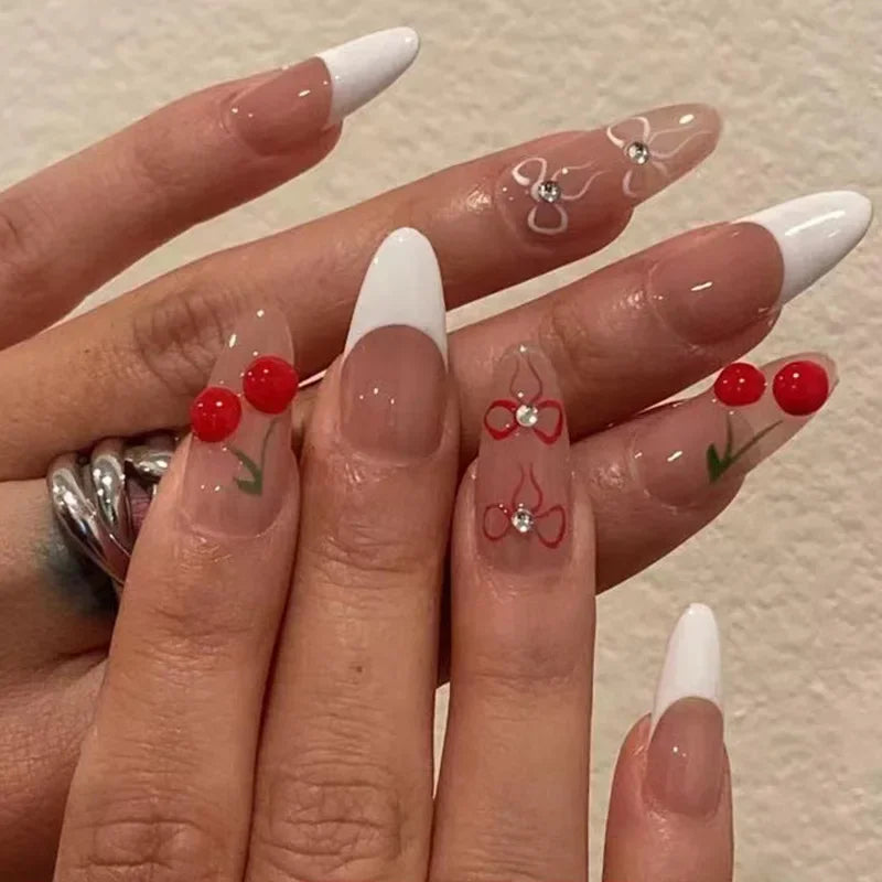 3D Lemon Blue White Striped French Nail Art Summer Chic Short Round False Nails Detachable Finished Fake Nails Press on Nails