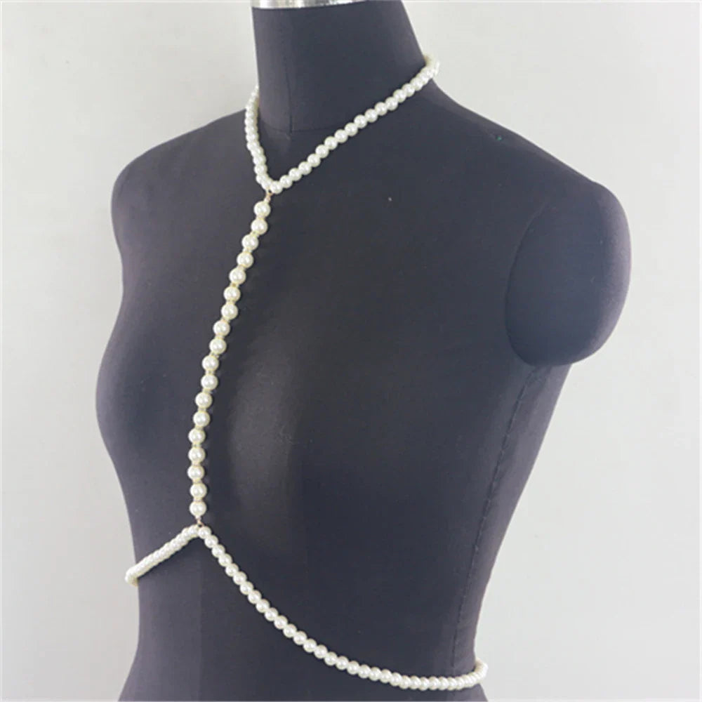 Stonefans Fashion Pearl Body Chain Bra Necklace Harness for Women Summer Sexy Bikini Crystal Belly Waist Chain Beach Jewelry