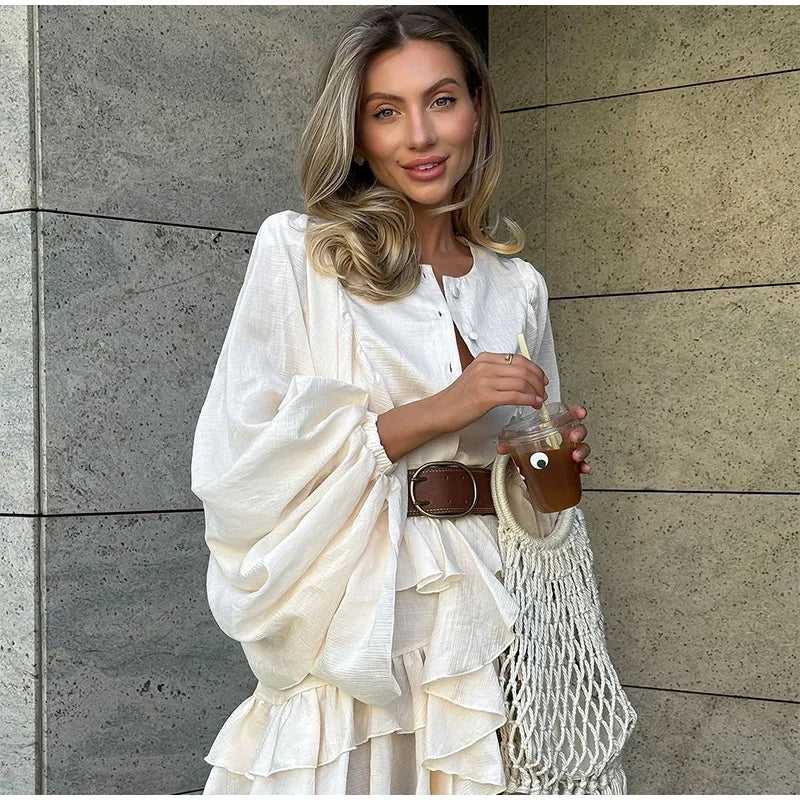 Elegant Layer Ruffles Hem Mini Dresses Chic Loose O Neck Lantern Sleeve Button A-line Cake Dress New Ladies High Street Vestidos