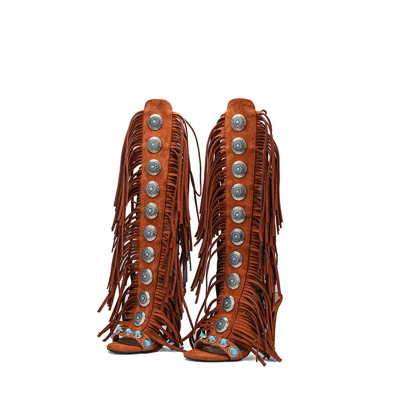 Real cow suede leather  tassels women sandals peep toe jewel lace up 10cm high heels
