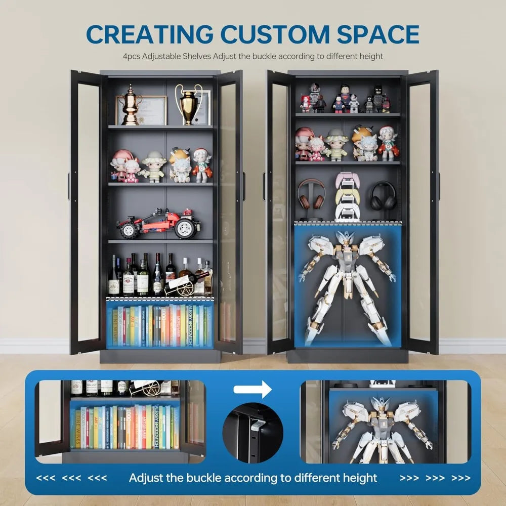 67 Inch Glass Door Display Cabinet with 4 Adjustable Shelves. Heavy Duty Steel Storage Case for Home, Office.