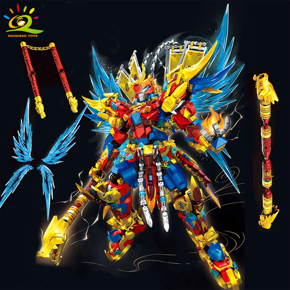 HUIQIBAO SunWuKong Warrior Mech Robot Building Blocks MOC Chinoiserie Action Figure Brick Children City Construction Display Toy