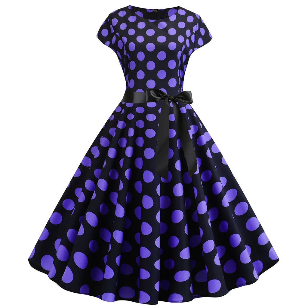 Women Vintage 1950s 60s Polka Dot Print High Waist A-line Swing Party Dress Retro Short Sleeve With Belt Evening Prom Dress