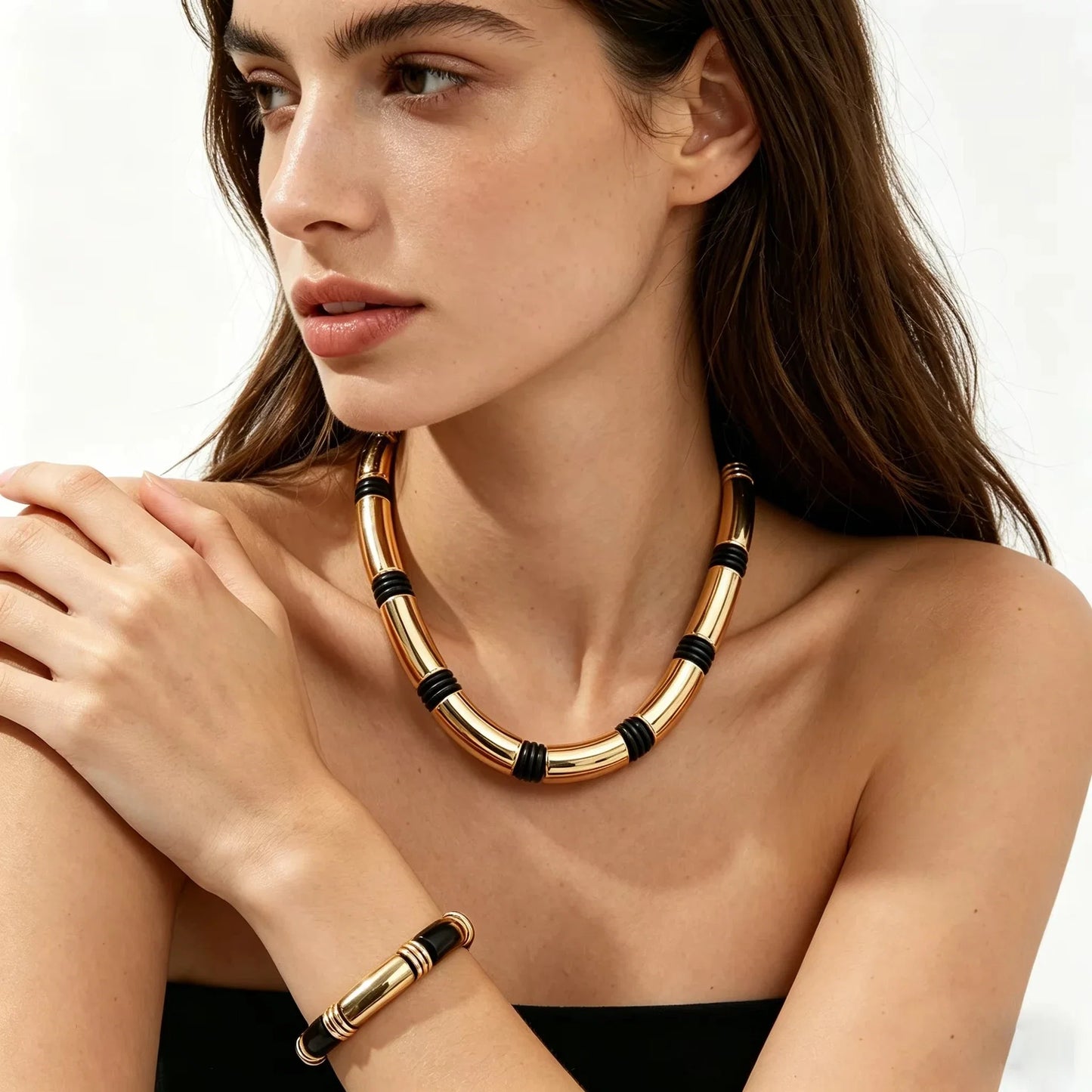 2PCS Set New Fashion Black and White Thick Double Line Metal Tube