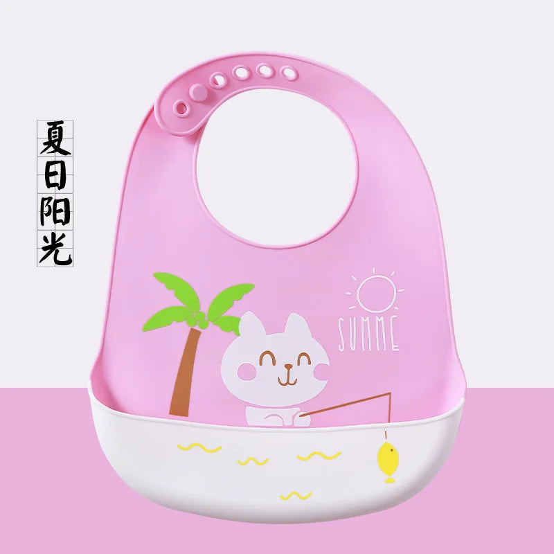 Cute Baby Bibs Waterproof Silicone Bib Infant Toddler Feeding Saliva Towel Cartoon Adjustable Children Apron with Pocket Scarf