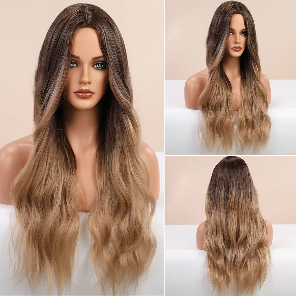 Element Medium Length Synthetic Straight Natural Brown Wigs with Side Bangs Heat Resistant Party Wigs for White/Black Women