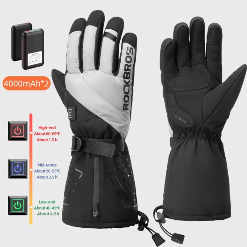 ROCKBROS Heated Skiing Gloves Men Women Winter Motocycle Screen Touch Waterproof Rechargeable 4000mAh Battery Heated Gloves