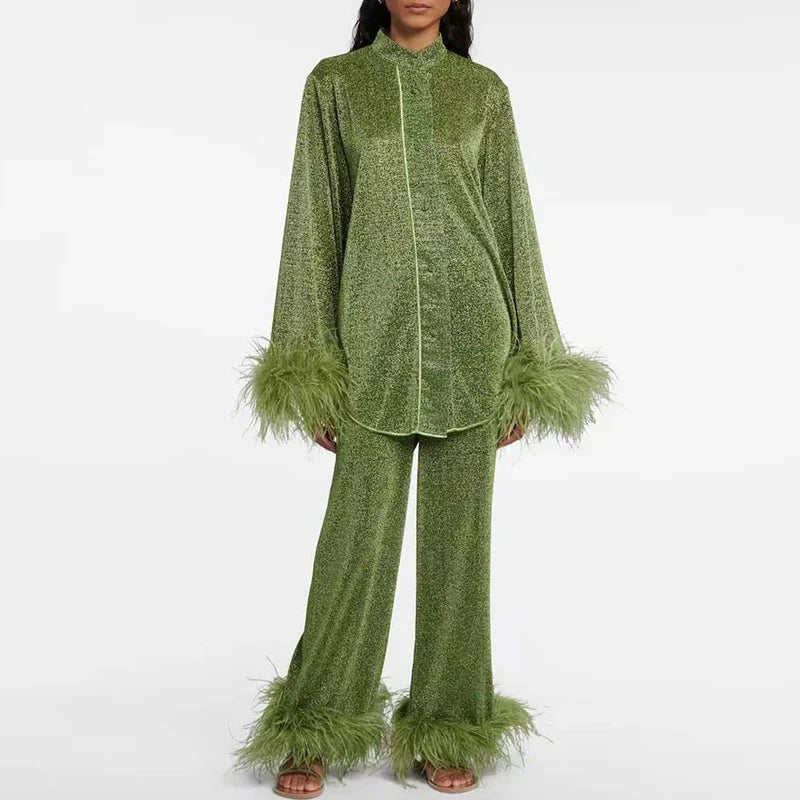 Y2K Style Women Elegant Feathers Decoration Sets Spring Stand Collar Button Blouse Shirts Wide Leg Pants Outfits Solid Fall Suit