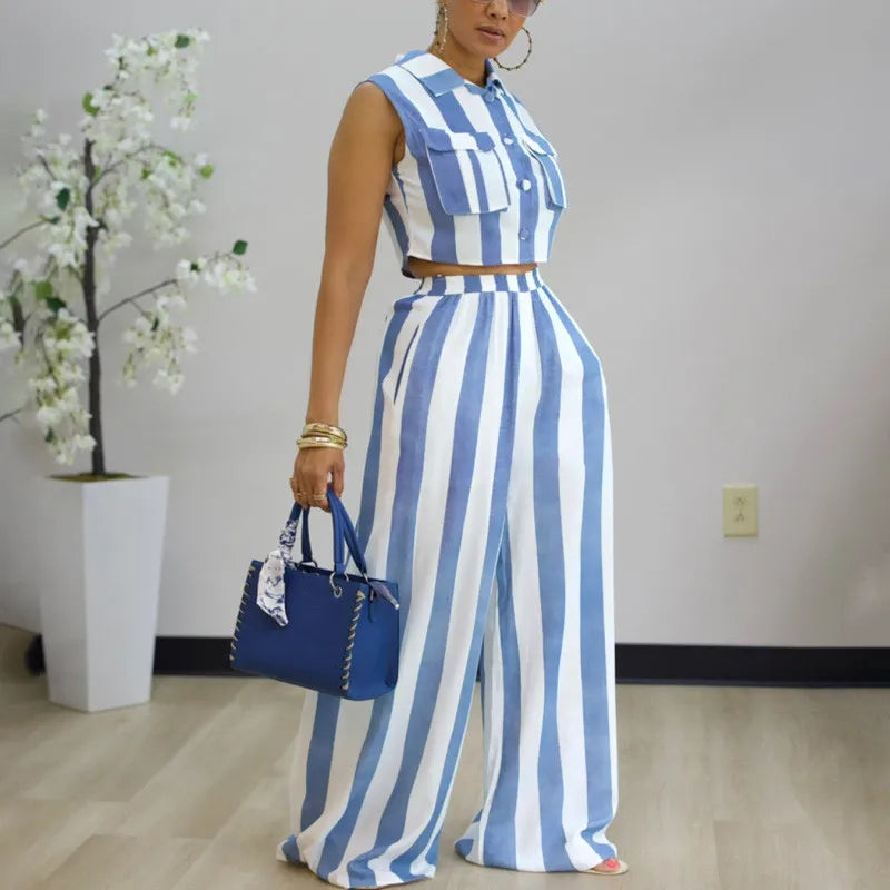 New African Fashion Women Casual Two Piece Set Striped Printed Sleeveless Pockets Crop Vest Top And Wide Leg Pants Set