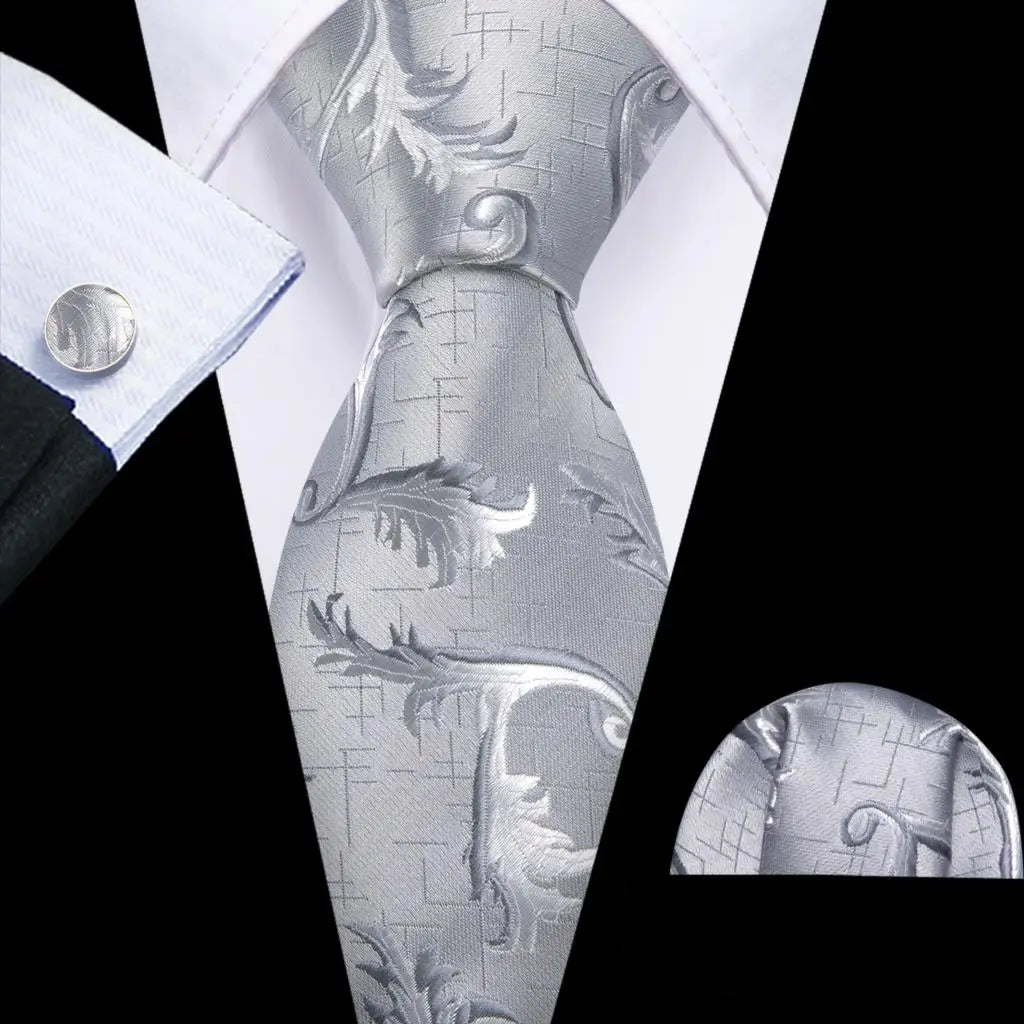 Black White Gray Silver Men Tie Handkerchief Cufflinks Set.