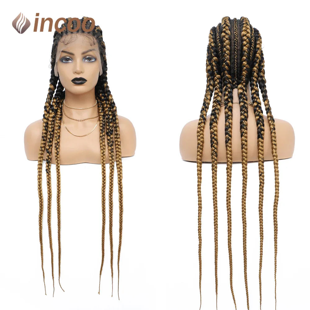 36 Inches Cornrows Braided Wigs Synthetic Full Lace Wig For Black Women Jumbo Braided Wigs Lace Frontal Faux Locs Box Braids Wig