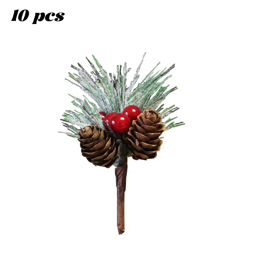 10Pcs Christmas Mini Pinecones Pine Needles Branches with Artificial Red Berry Stems for Xmas Tree Garland DIY Craft Gifts Decor