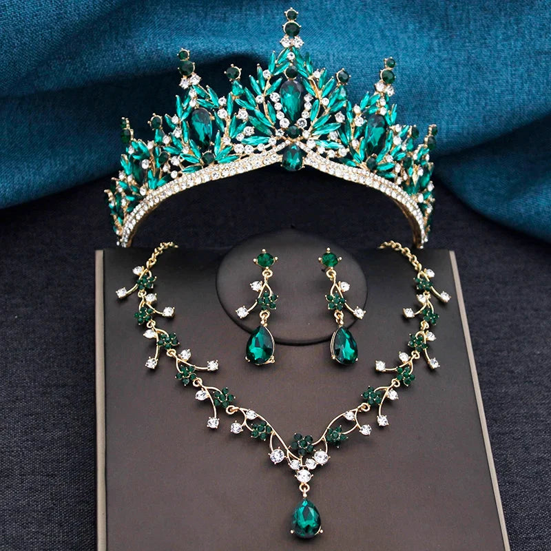 Baroque Wedding Crown for Bride 3-Pack Tiara Earrings Necklace Bridal