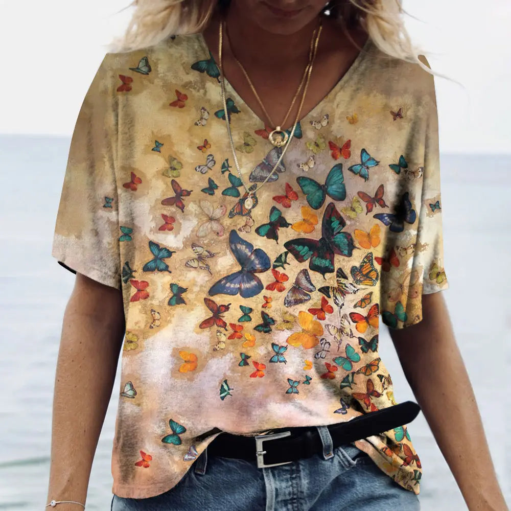 Women's T-shirts Fashion Tops V-neck Colorful Butterfly T Shirt Female Short Flowers Print Casual Tees Summer Oversized Clothes