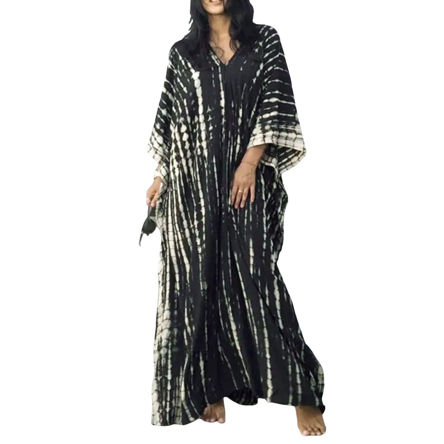 Womens Plus Size Kaftans Casual V Neck Puff Sleeve Boho Loose Floral Long Soft Beach Maxi Summer Swing Party Dresses For Women