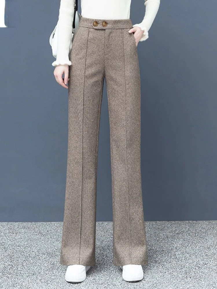 Herringbone Woolen Cloth Wide Leg Pants Women Autumn and Winter 2023 High Waist Pants Vintage Slim Elastic Waist Woman Trousers